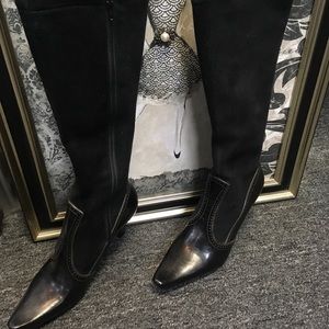 Tall black boots 7.5 worn once. Mixed faux fabrics